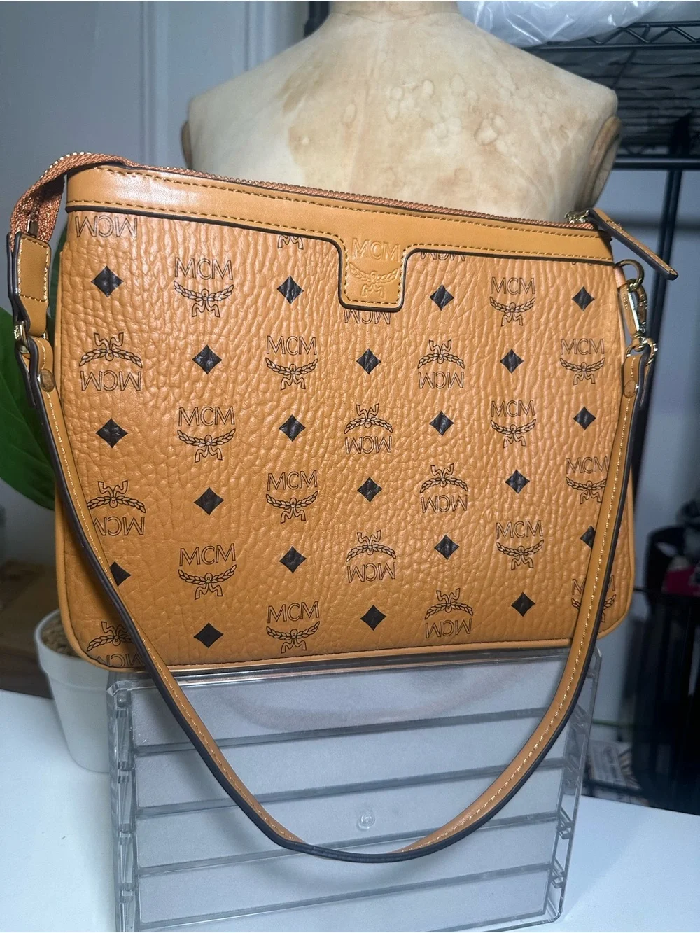 MCM Tan Visetos Logo Crossbody Bag with Black Accents